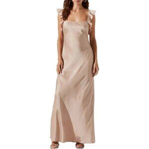 NWT ASTR The Label Bryna Satin Ruffled Square Neck Slip Dress Champagne Size XS